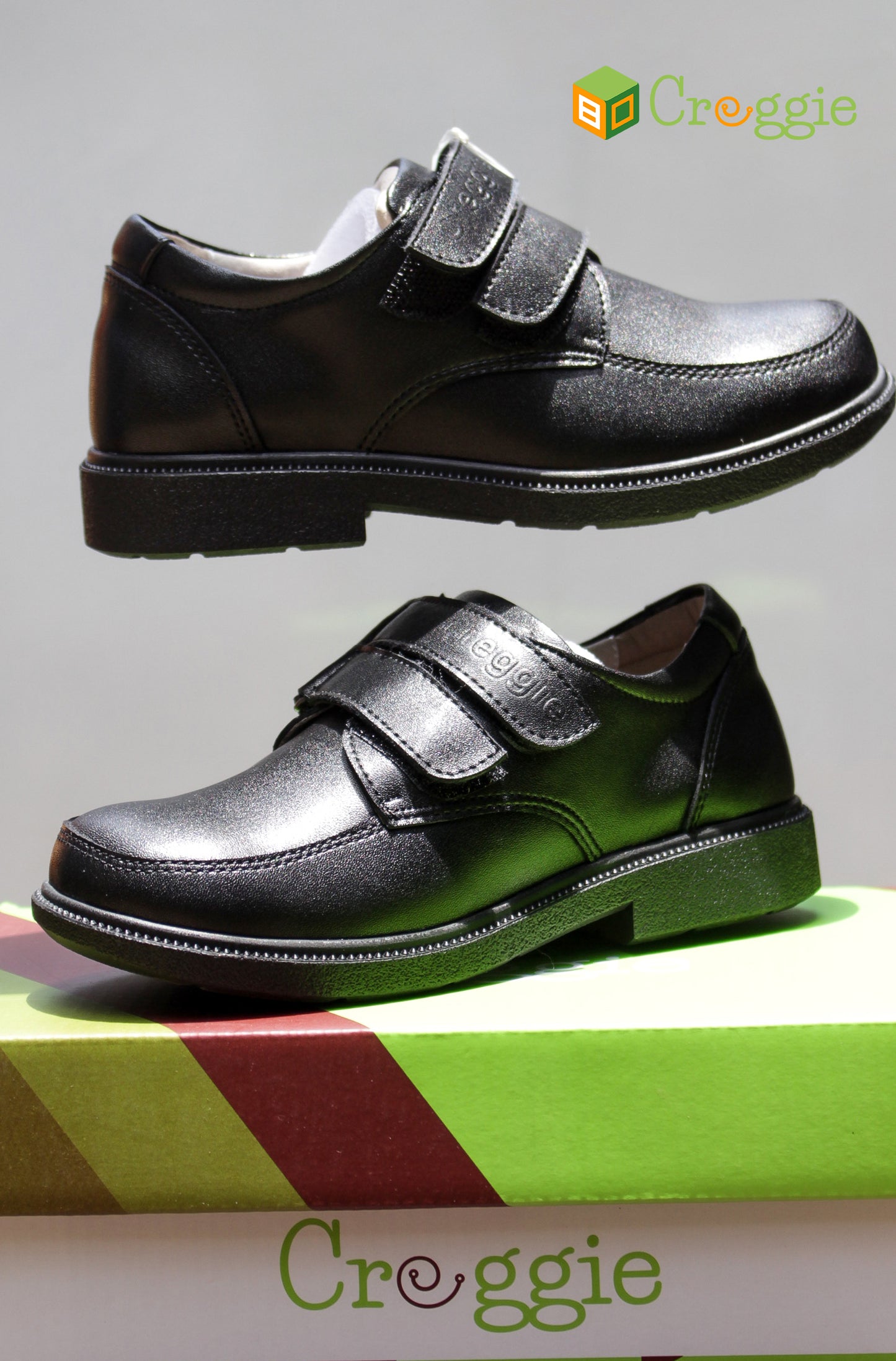 Boys Double Velcro Leather School Shoe